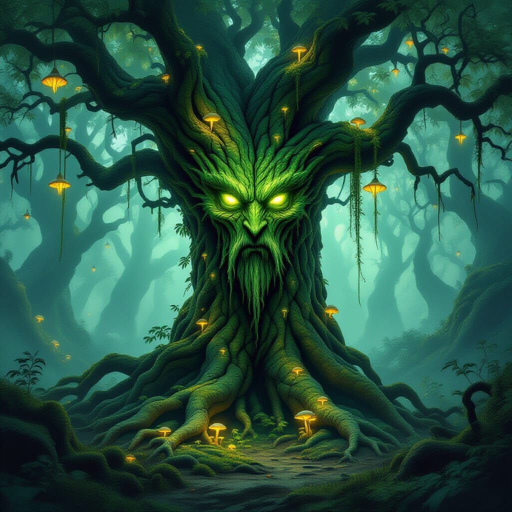 Ancient Tree Spirit in Misty Grove