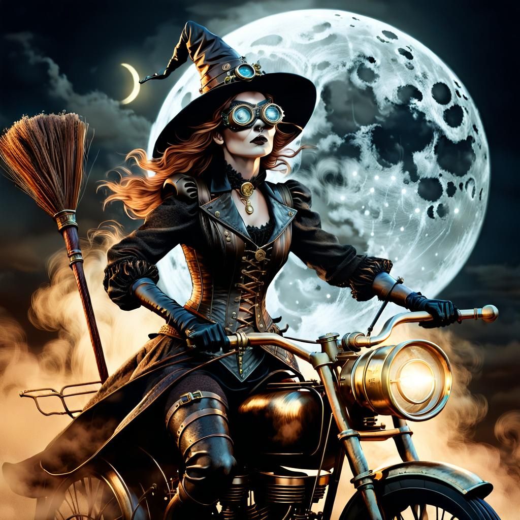 Steampunk Witch Rides Steam-Powered Broom in Moonlight