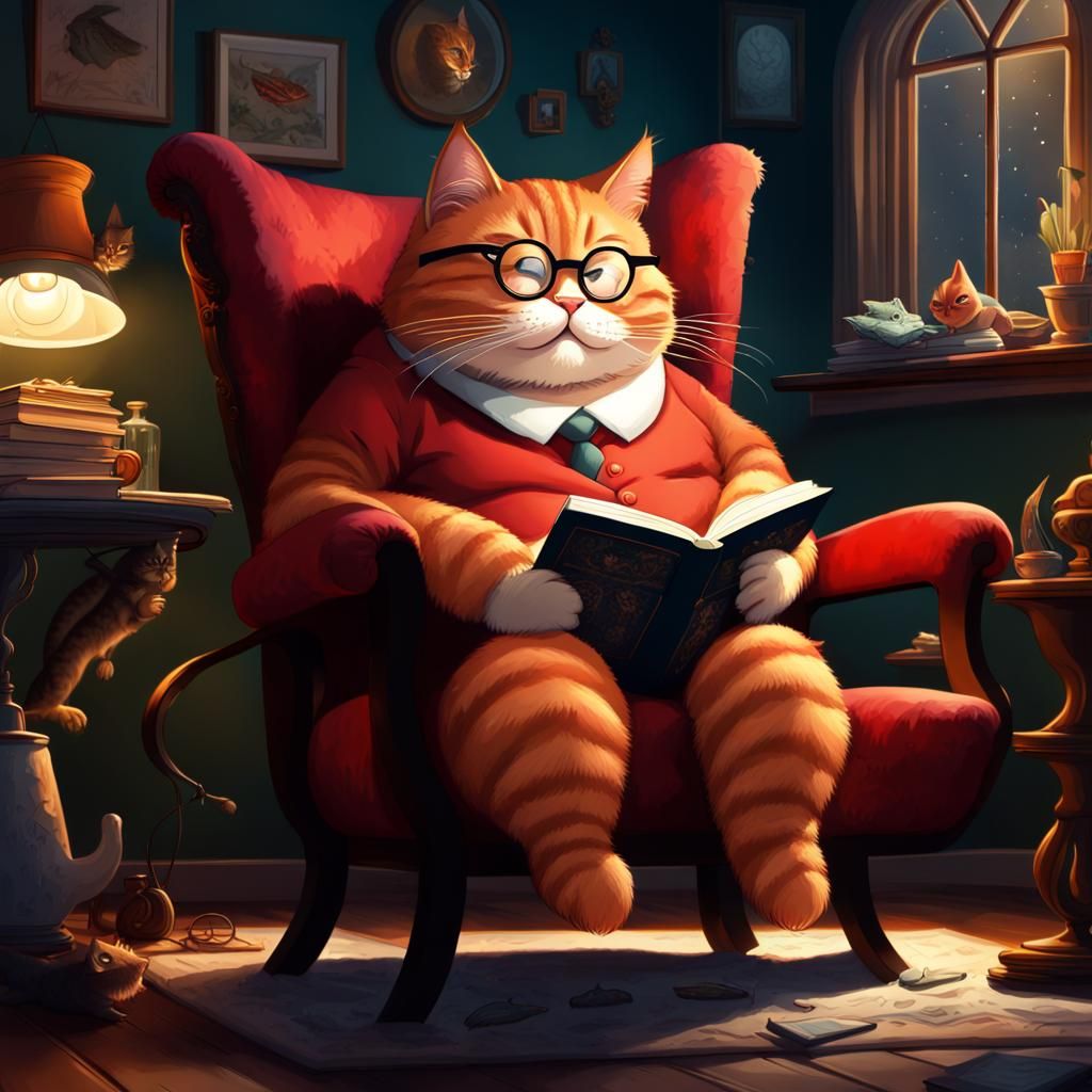 Red Cat Reading Book in Armchair, Matte Painting