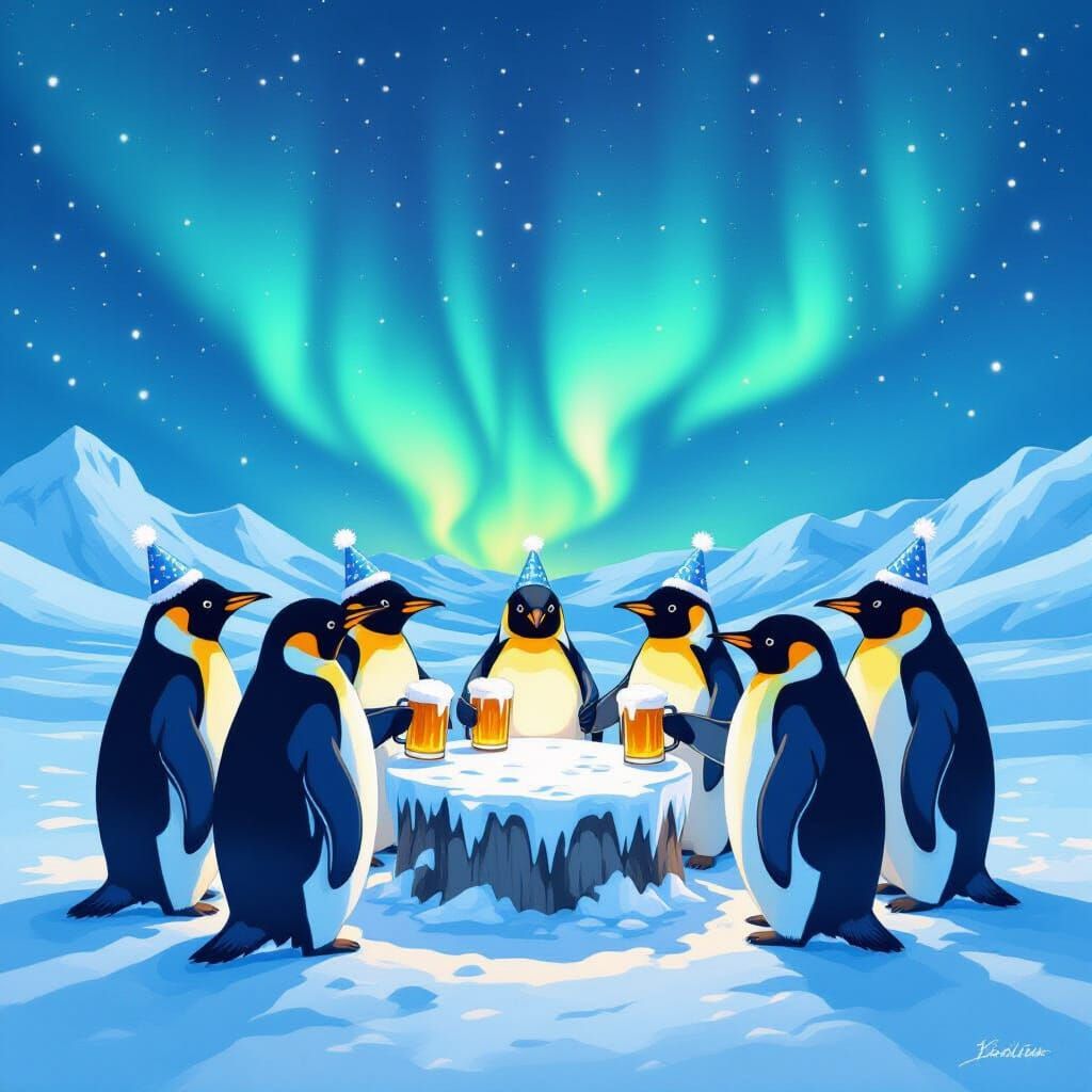 Penguins Celebrate with Beer Under Northern Lights