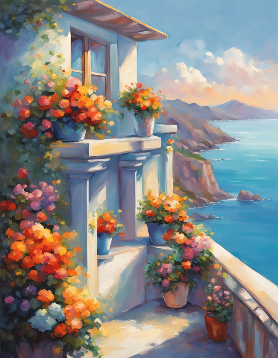 Oil Painting of Man Overlooking Idyllic Coastal Town