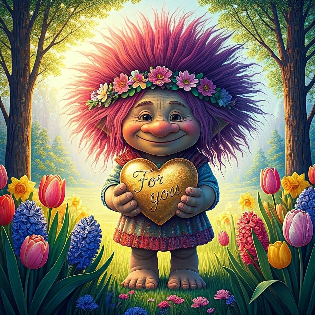Floral Troll Offering Golden Heart as Pointillist Art