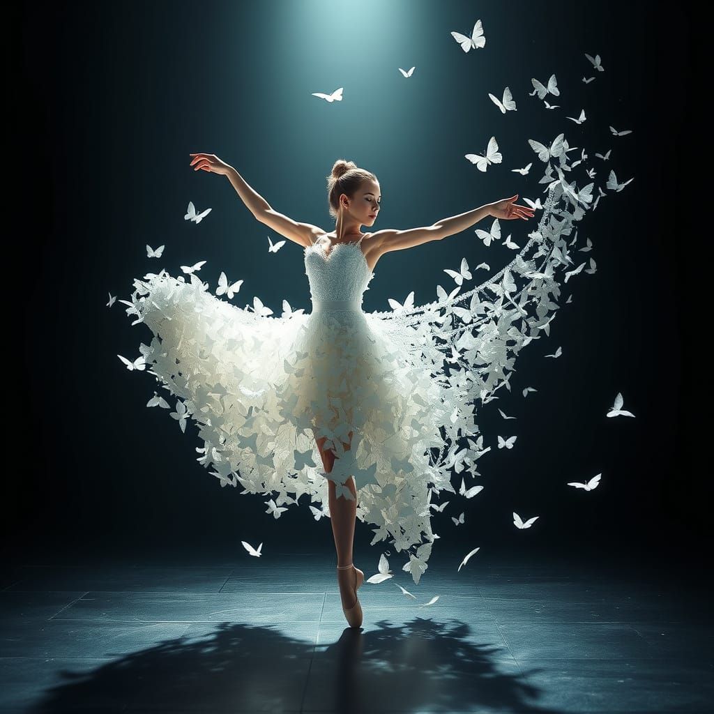 Ethereal Ballerina in a Whimsical White Butterfly Gown