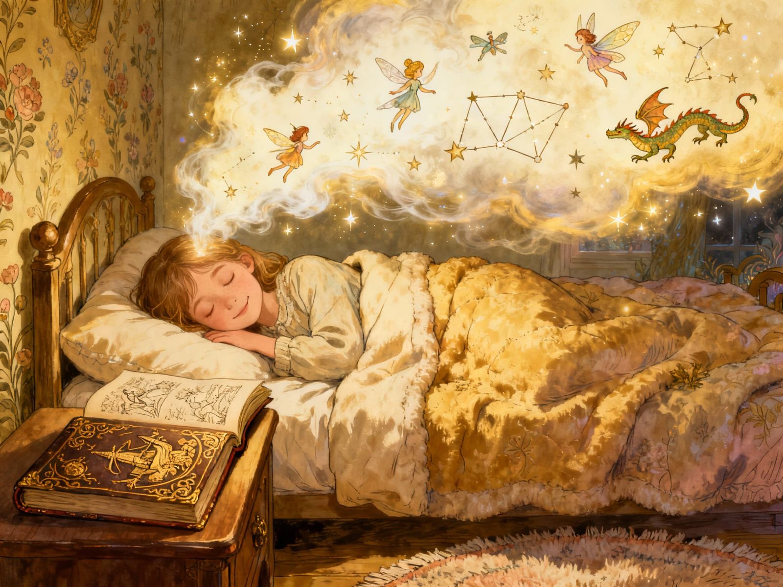 Childhood Dreams: Girl Sleeps Amidst Whimsical Fantasy