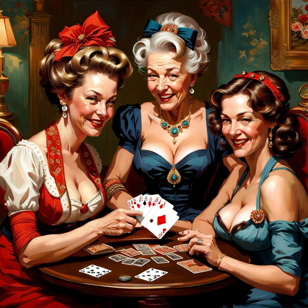 Mischievous Grandmas Playing Cards in Pin-Up Style