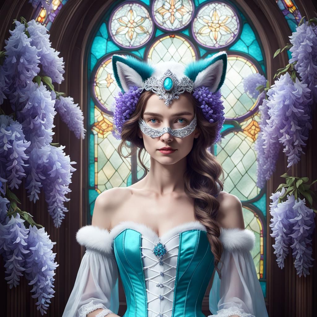 Fox-Eared Woman in Gown Before Wisteria Window