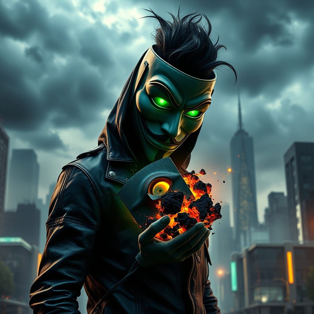 Cyberpunk Fawkes Mask in Dystopian Cityscape