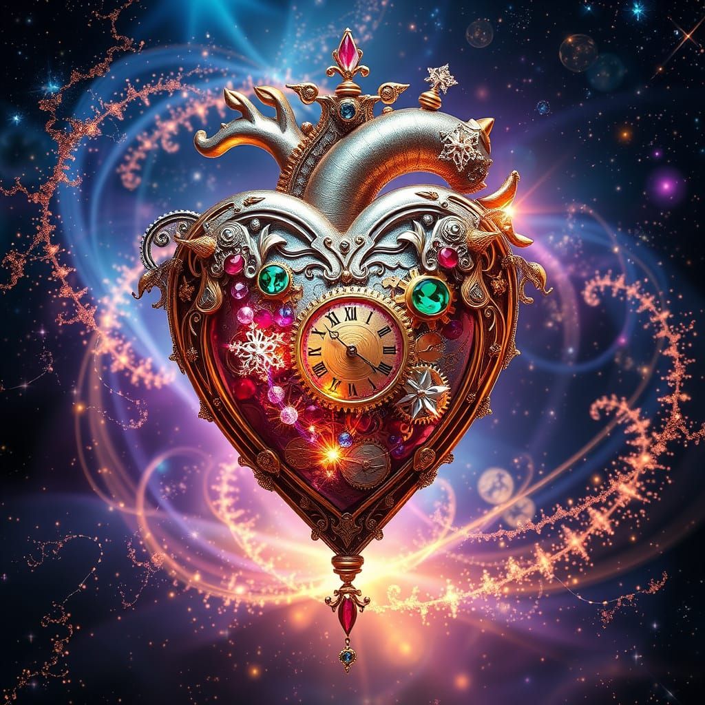 A celestial clockwork heart, suspended in a nebula of swirli...