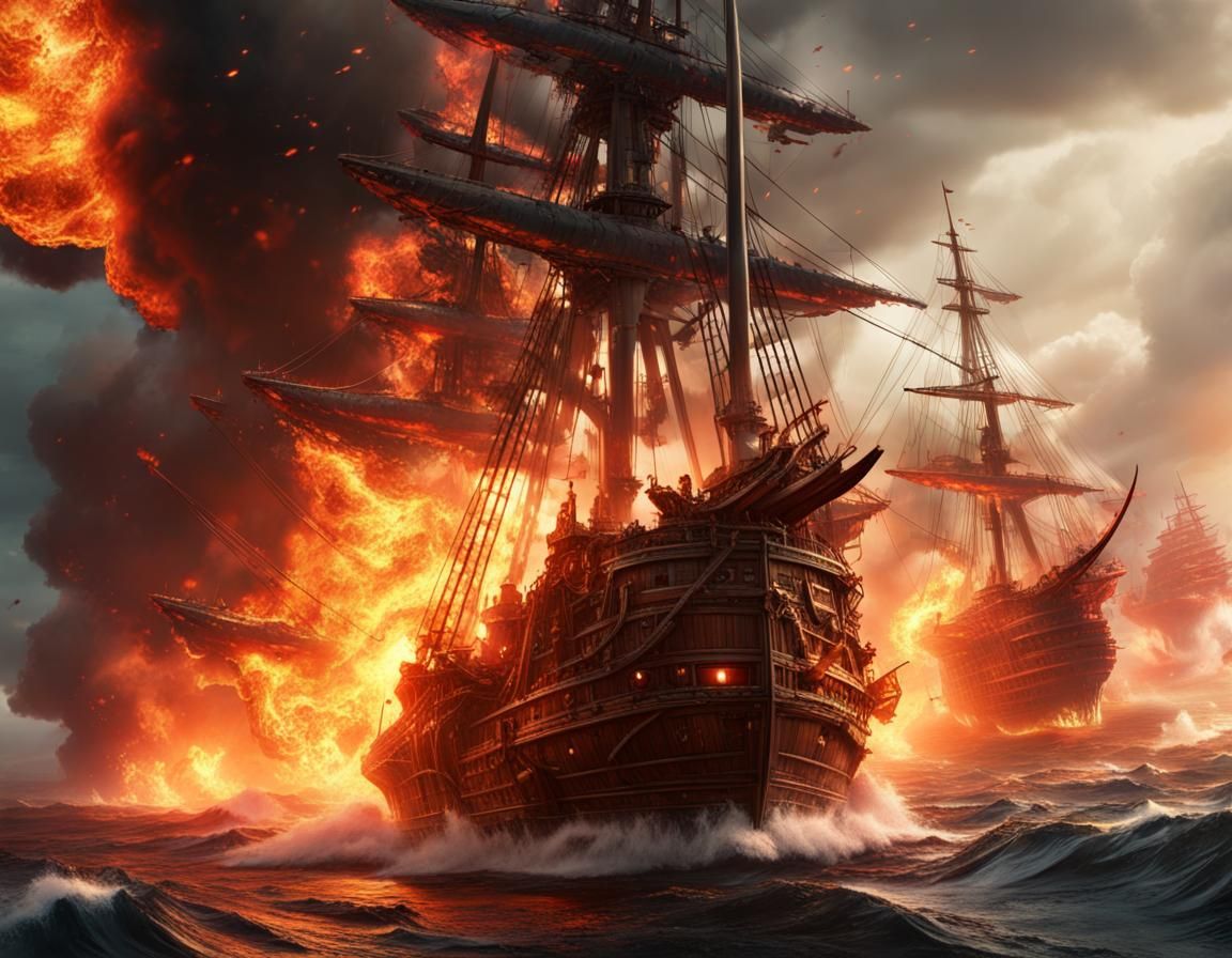 Flaming Ship Collision: Detailed Matte Painting