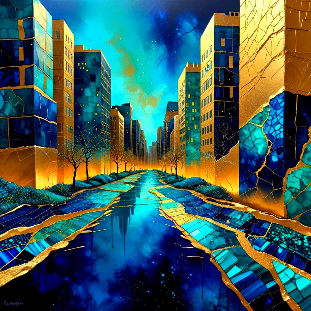 Kintsugi Cityscape in Van Gogh Dali Style
