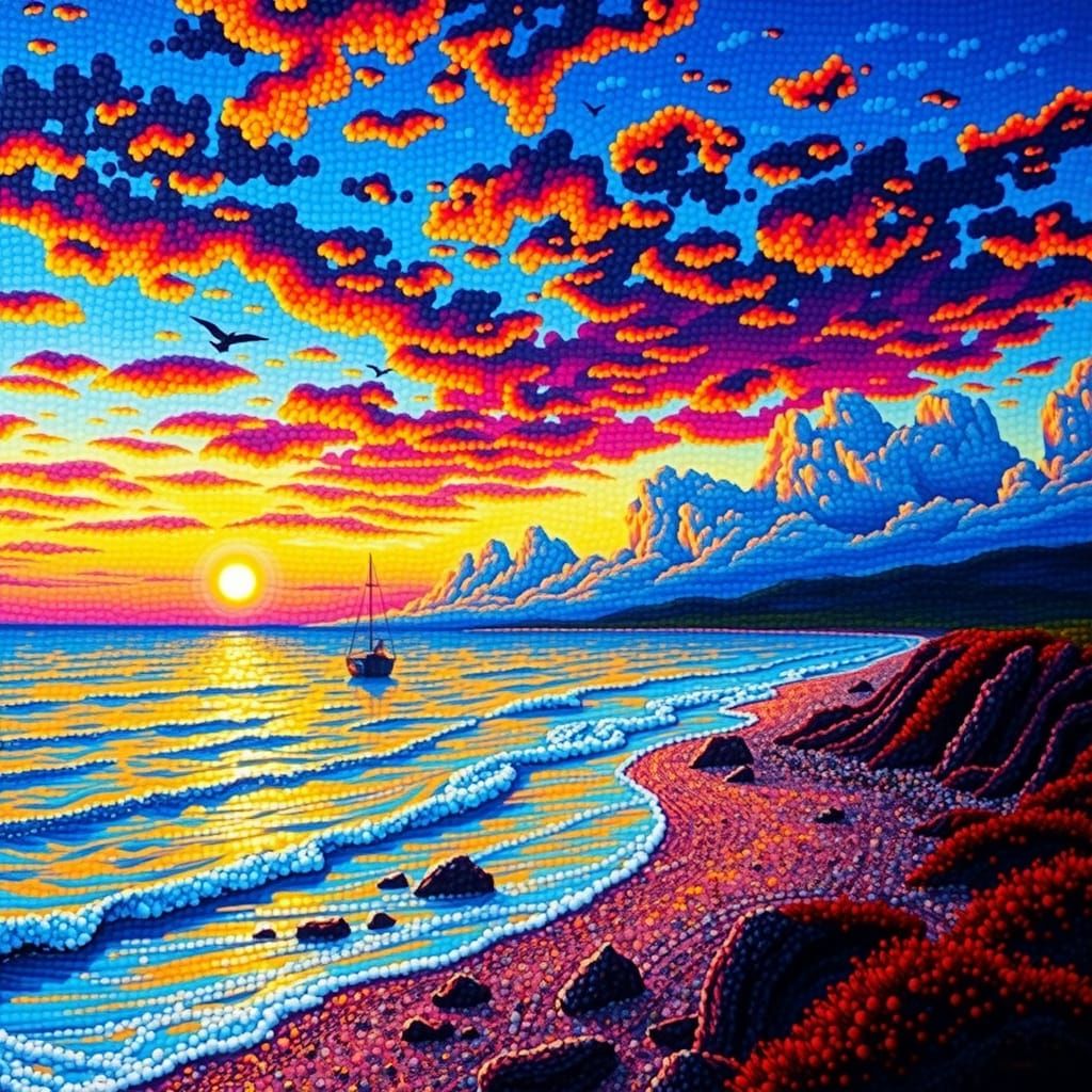 Seashore Sunset in Pointillism Style