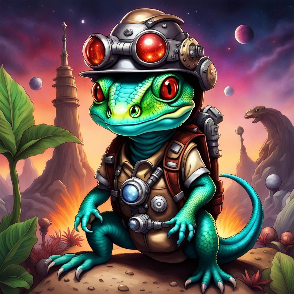 Steampunk Komodo Dragon Xeno Explorer on Alien World