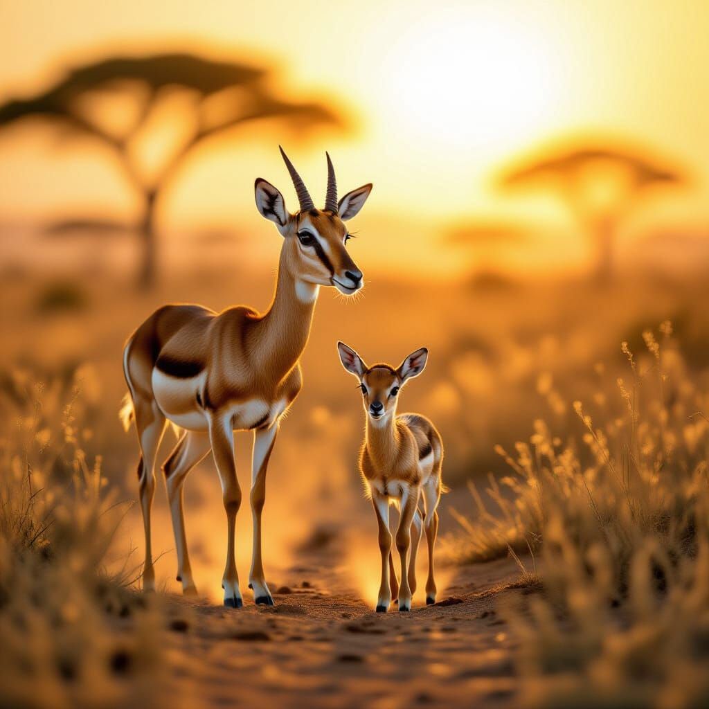 Mother and Baby Gazelle in African Savanna at Golden Hour