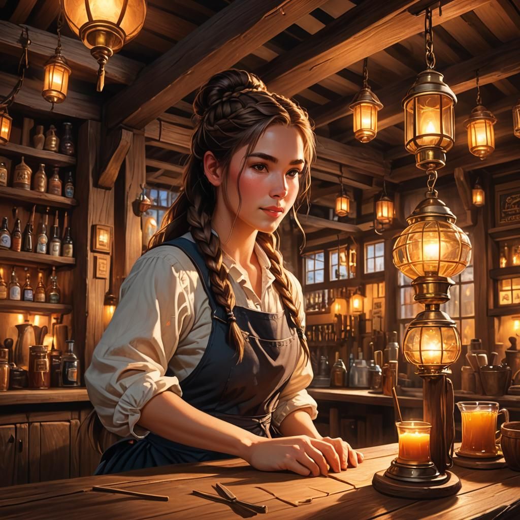 Tavern Barmaid Amidst Magic: Fantasy Illustration