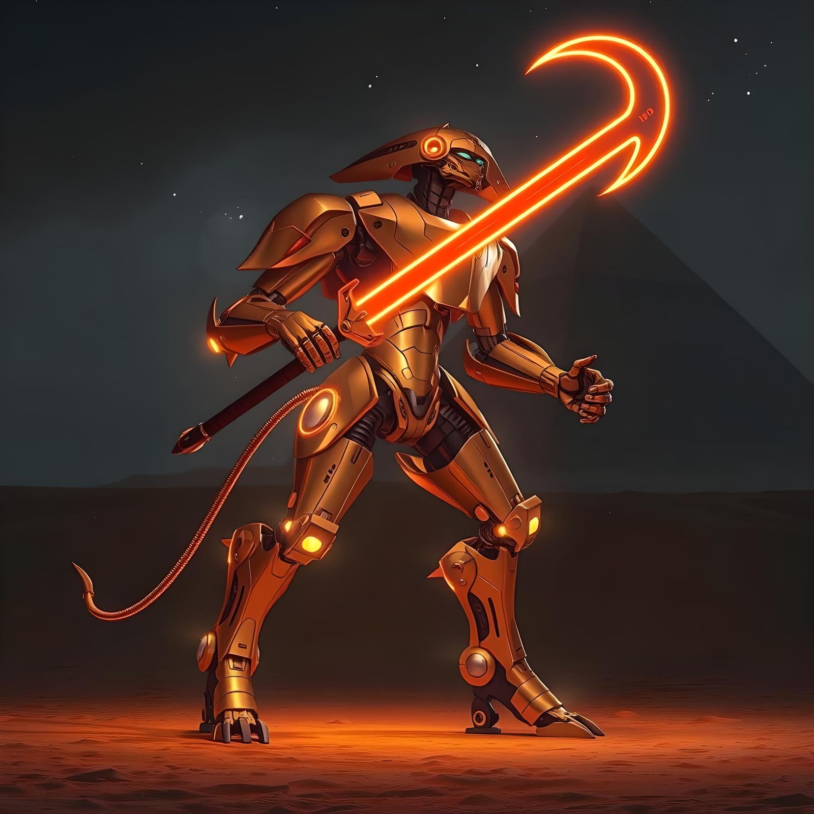 Golden Sphinx Mech Warrior in Desert Night