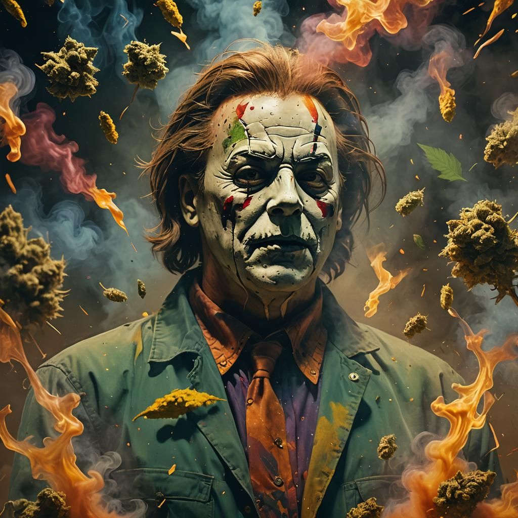 Michael Myers Portrait in Marijuana Smoke, Hyperrealistic Ar...