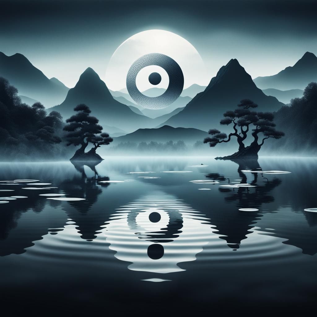 Monochromatic Surrealism: Yin Yang Lake Scene