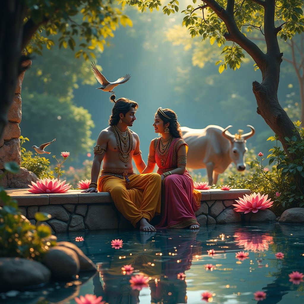Ethereal Radha Krishna in a Lush Natural Park with Vibrant F...