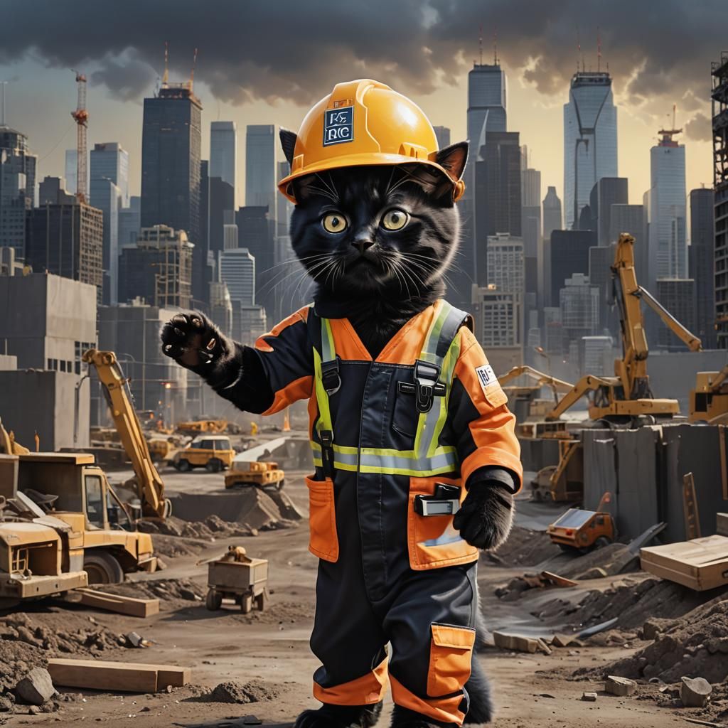 Cute Cat Construction Worker Dancing in Photorealism
