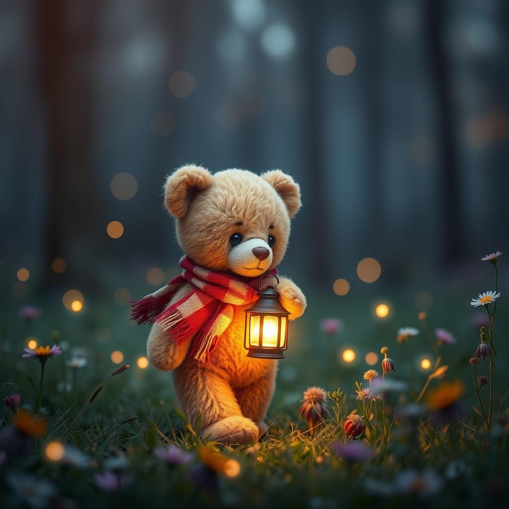 Teddy Bear with Lantern in Twilight Meadow