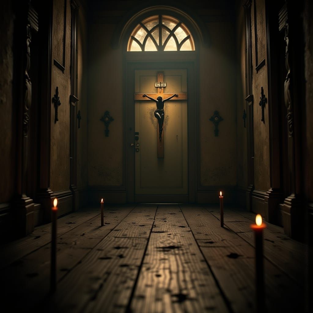 Ominous Room with Upside Down Crosses in Dark Aesthetic