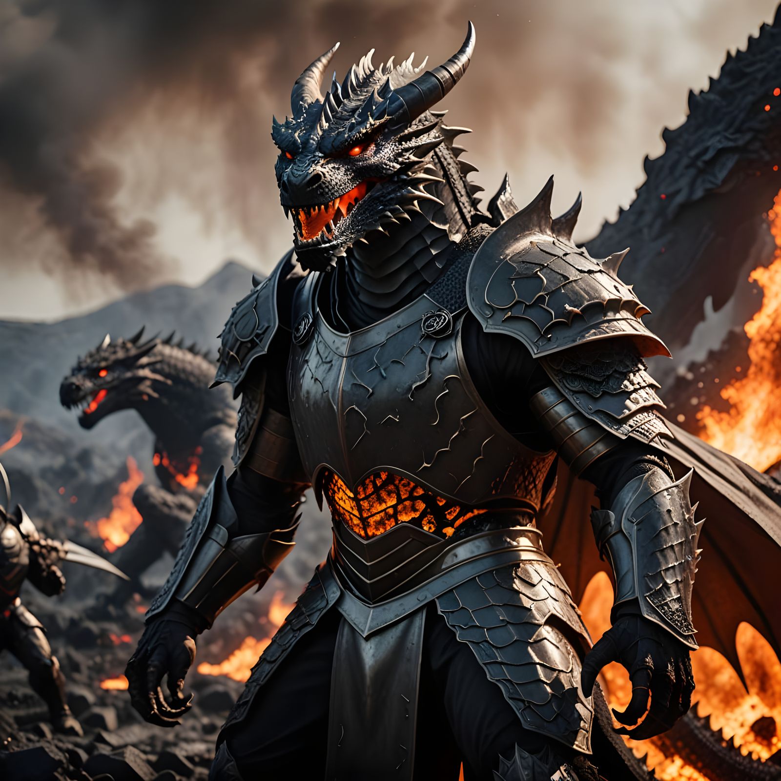 Mighty Lava Dragon Battles Human Knights in Epic Battlefield
