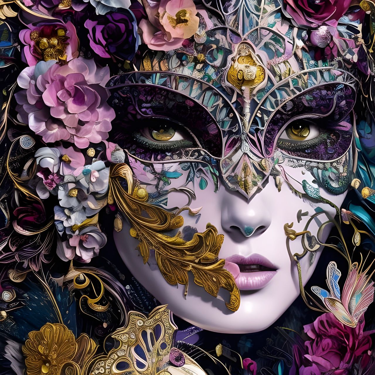 Skeletal Flowerpunk Mask in Digital Illustration Style