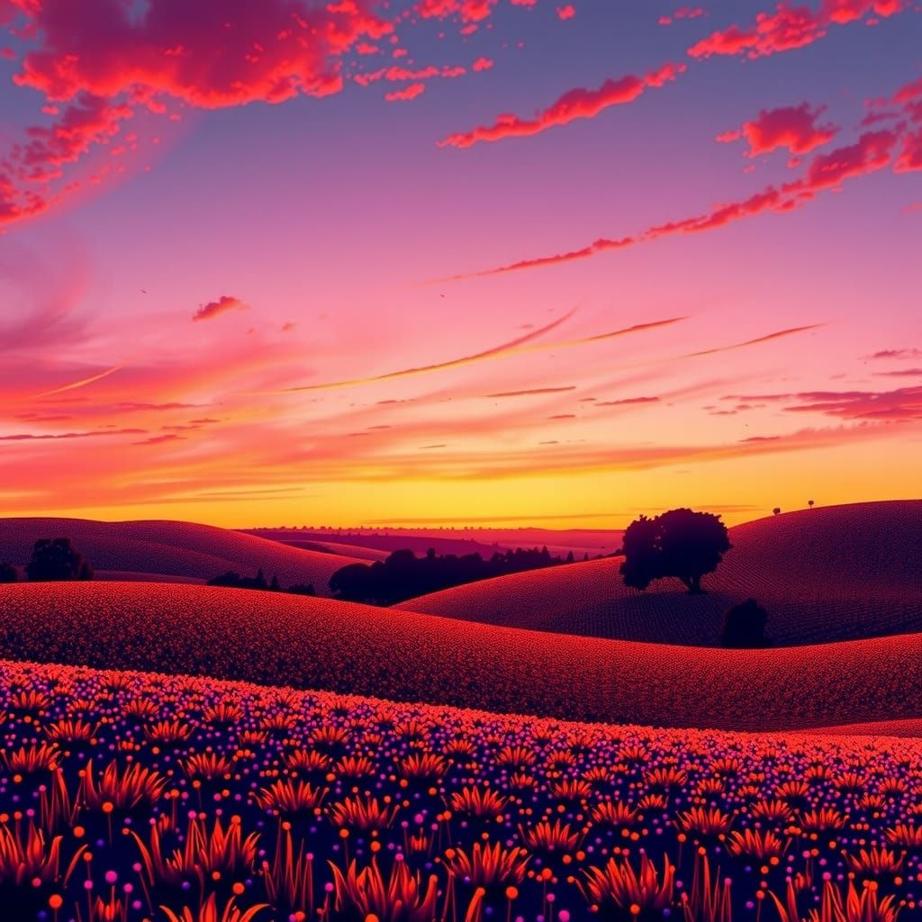 Colorful Dot Landscape at Dusk as Digital Art