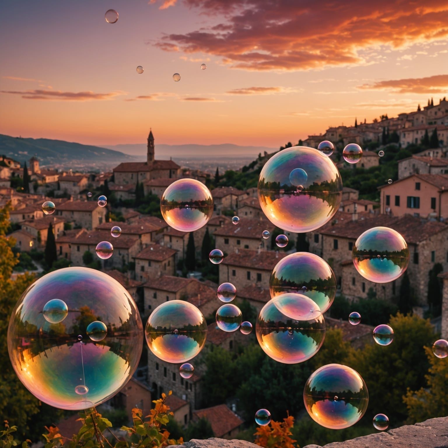 Italian Town Reflected in Sunset Soap Bubbles