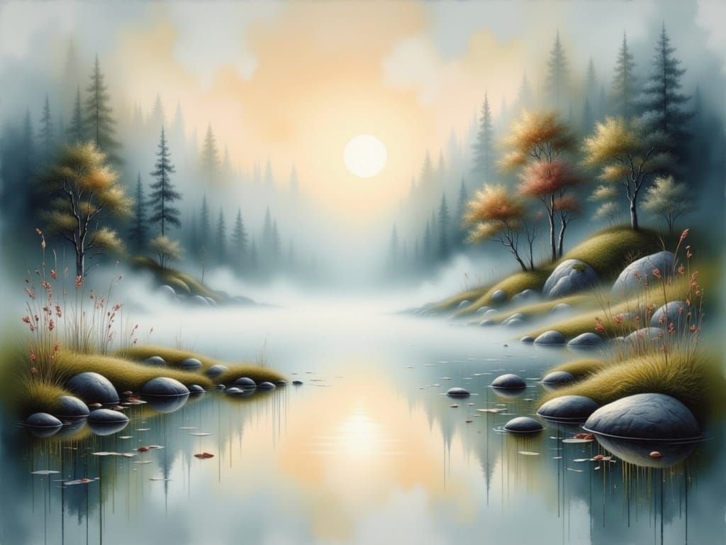 Tranquil Lake at Dawn Serene Landscape Painting