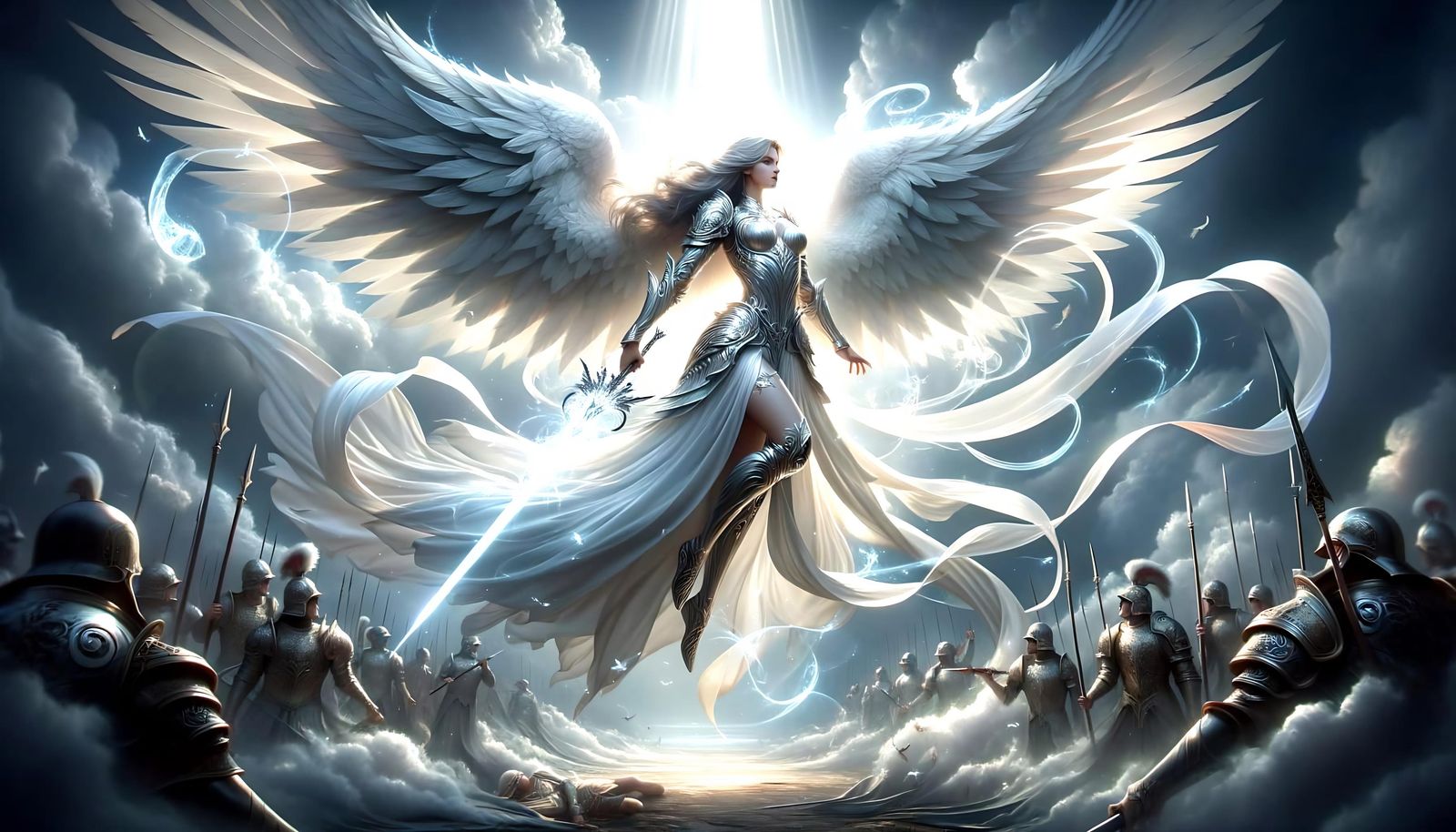 Angelic Warrior in Silver Armor with Luminous Sword