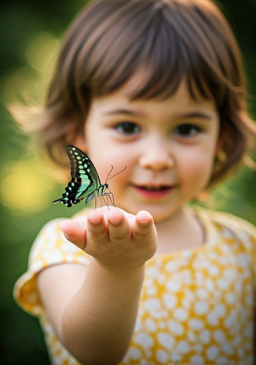 Child's Delightful Encounter with a Vibrant Butterfly in Whi...