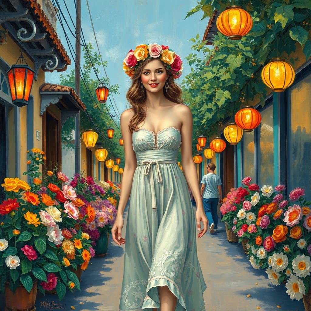 Blossoming Festival Scene in Neo-Expressionist Style