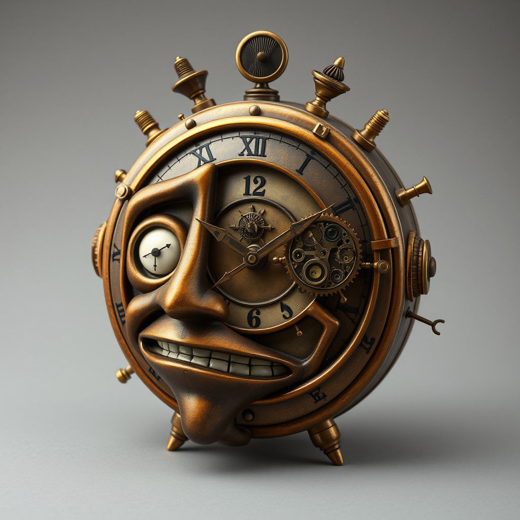 Dreamlike Clock Face with Shifting Expressions in Steampunk...