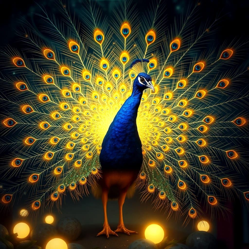 Golden Blue Peacock in Fantasy Garden