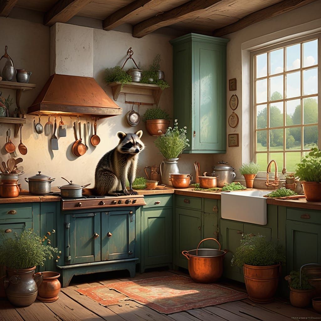 Raccoon Chef Cooking Stew in Cozy Kitchen
