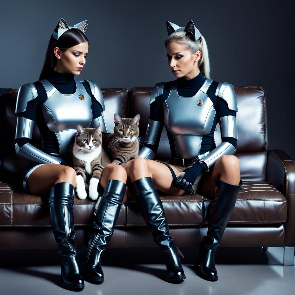 Robots Cuddle Cat on Leather Sofa in Sci-Fi Style