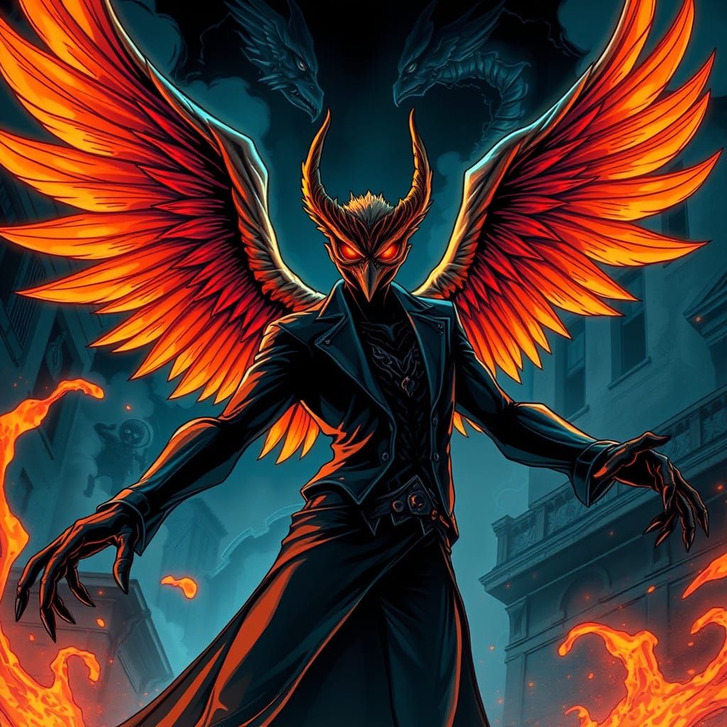 Alastor with Phoenix Wings and Fiery Eyes