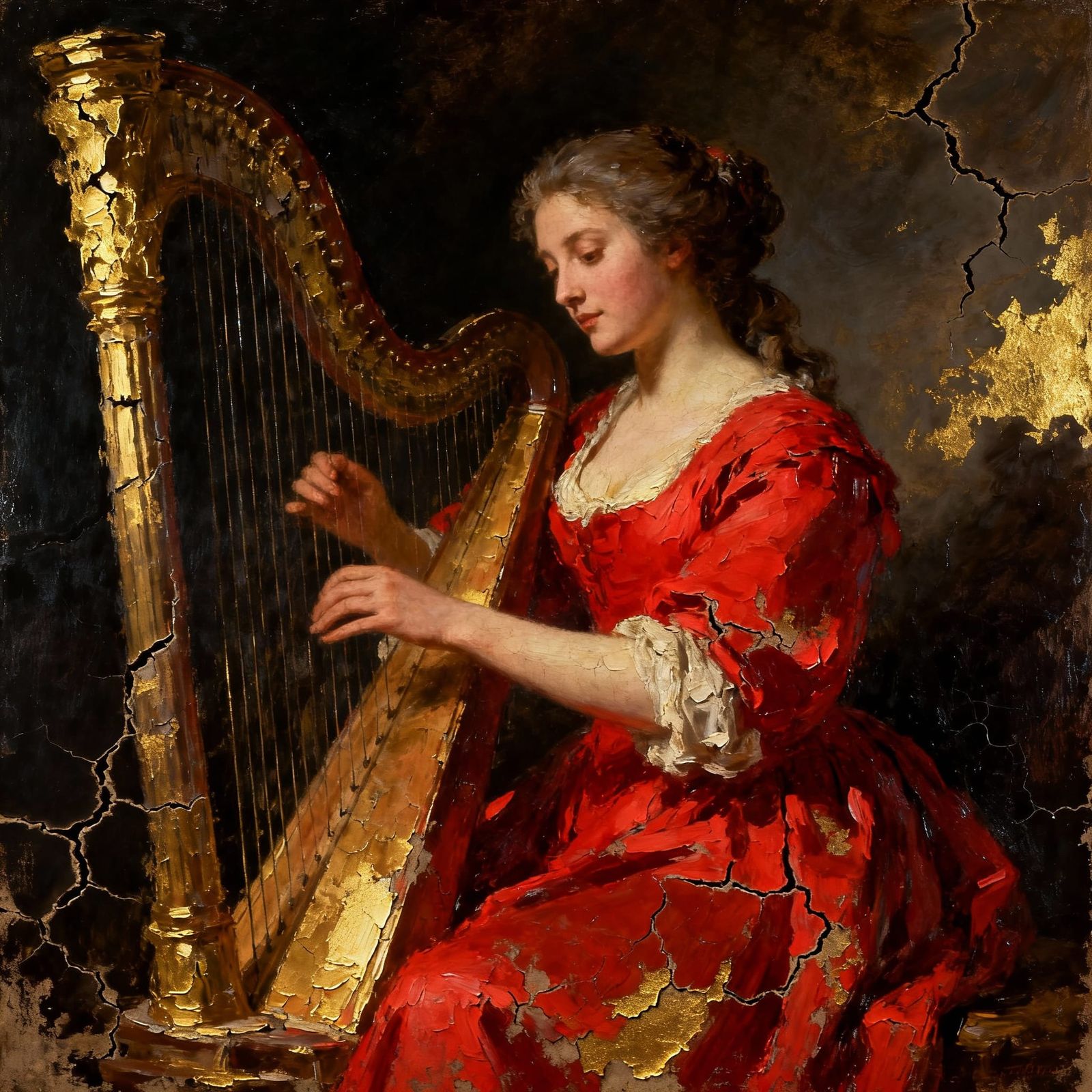 An antique weathered painting of a maiden and her harp