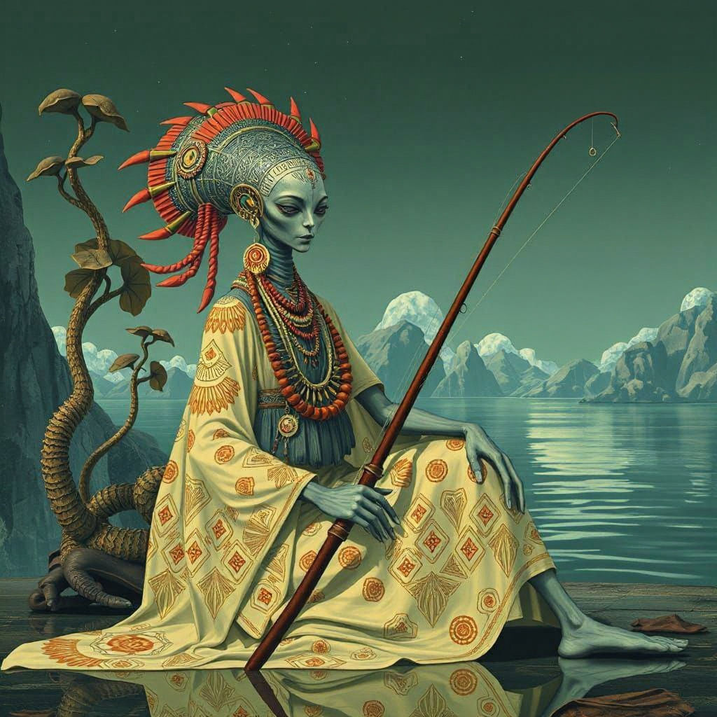 Otherworldly Alien Fishing in Art Deco Setting