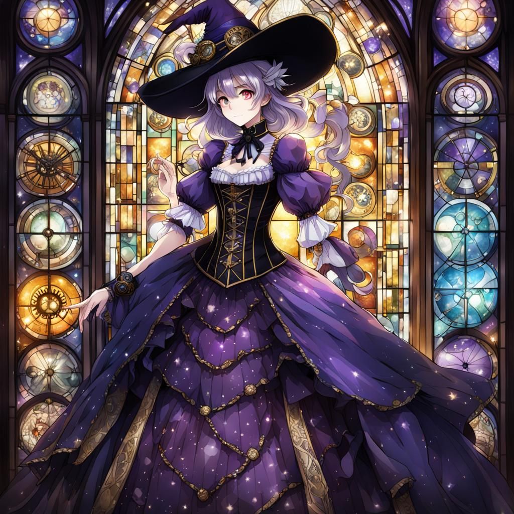 Steampunk Witch in Front of Galaxy Stained Glass