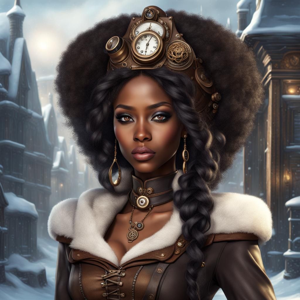 Steampunk African Woman in Winter Dress: Fantasy Portrait