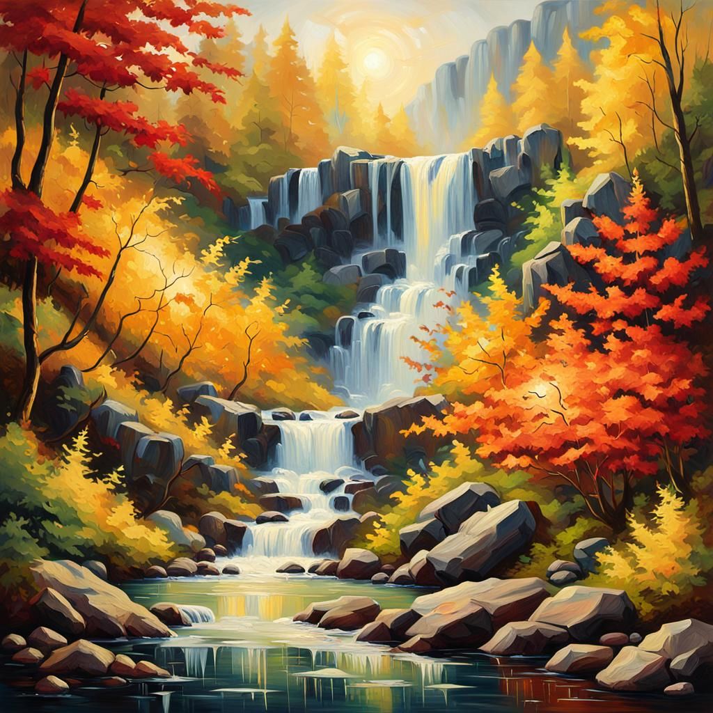 Waterfall in Vivid Colors as Impressionist Oil Painting