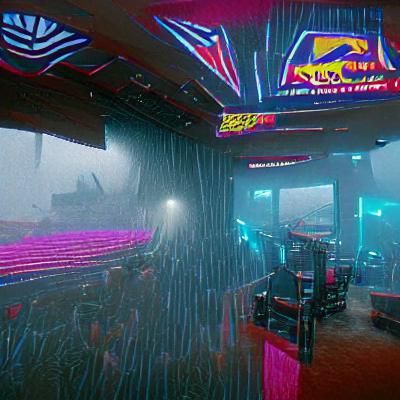 Cyberpunk Movie Theater in the Rain