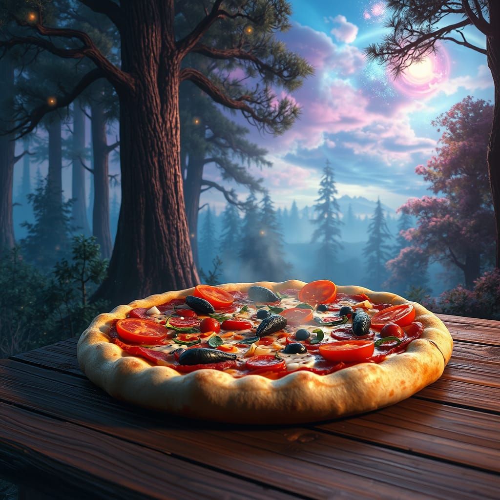 Dreamlike Pizza Scene in Whimsical Forest