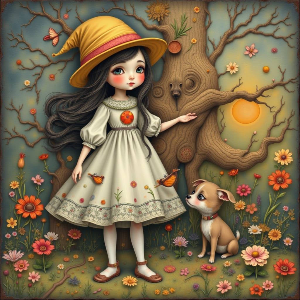 Whimsical Girl and Dog in Playful Scene