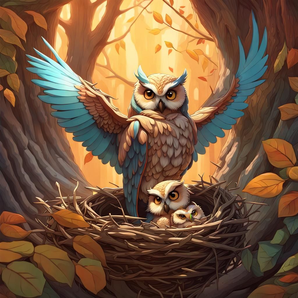 Owl Mother and Owlet in Nest: Art Nouveau Style