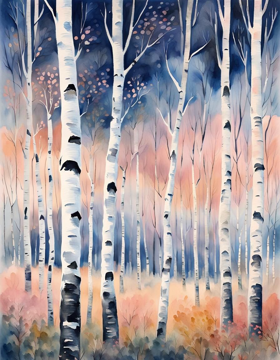 Watercolor Birch Forest at Sunrise in Impressionist Style