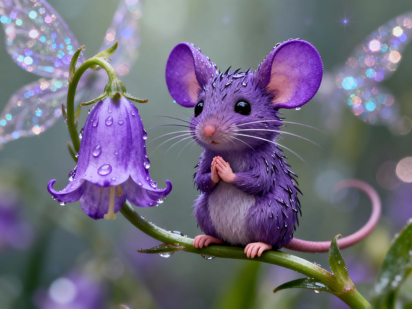 Whimsical Purple Mouse on Bell Flower in 8K