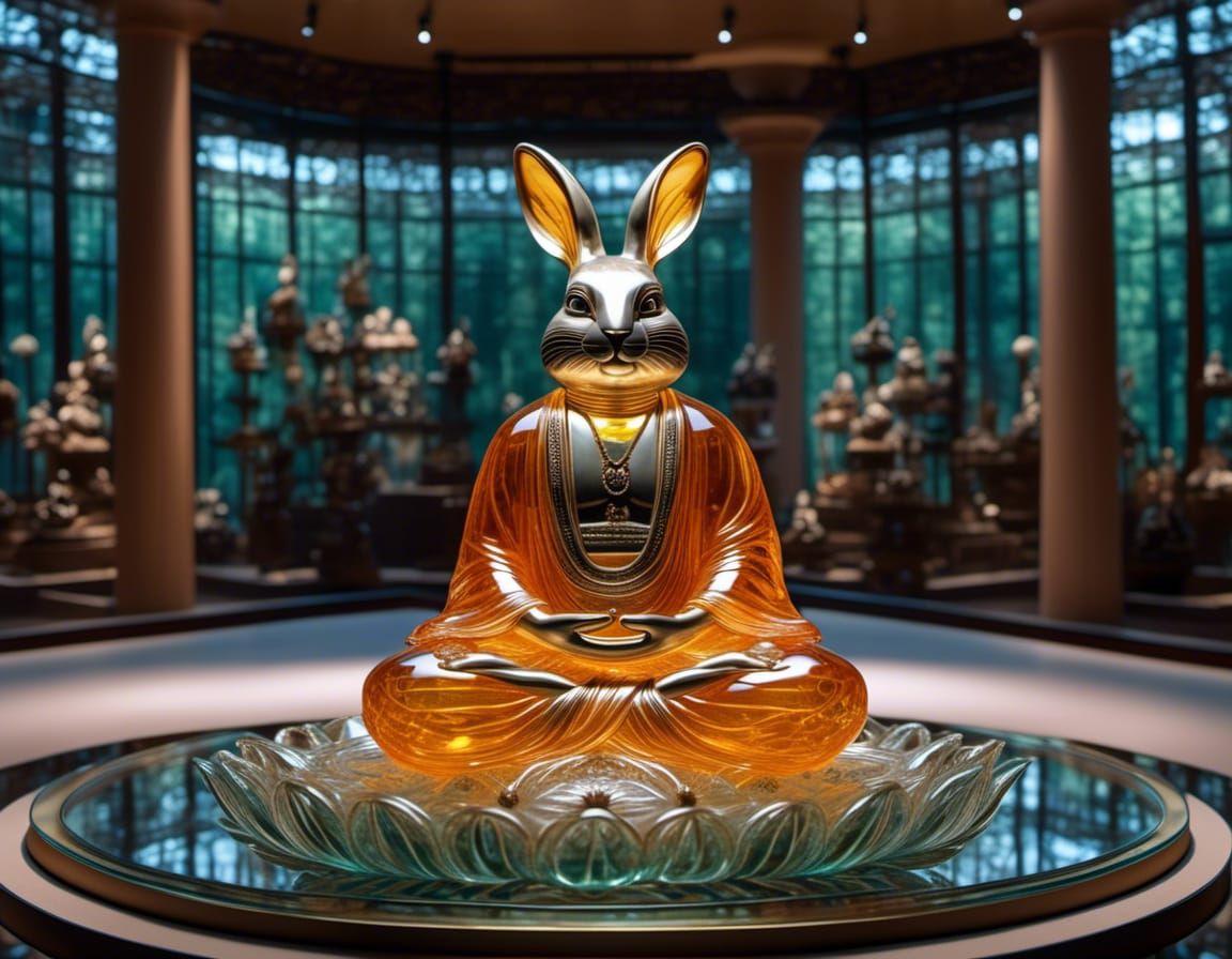Translucent Glass Sculpture of Meditating Rabbit Monk